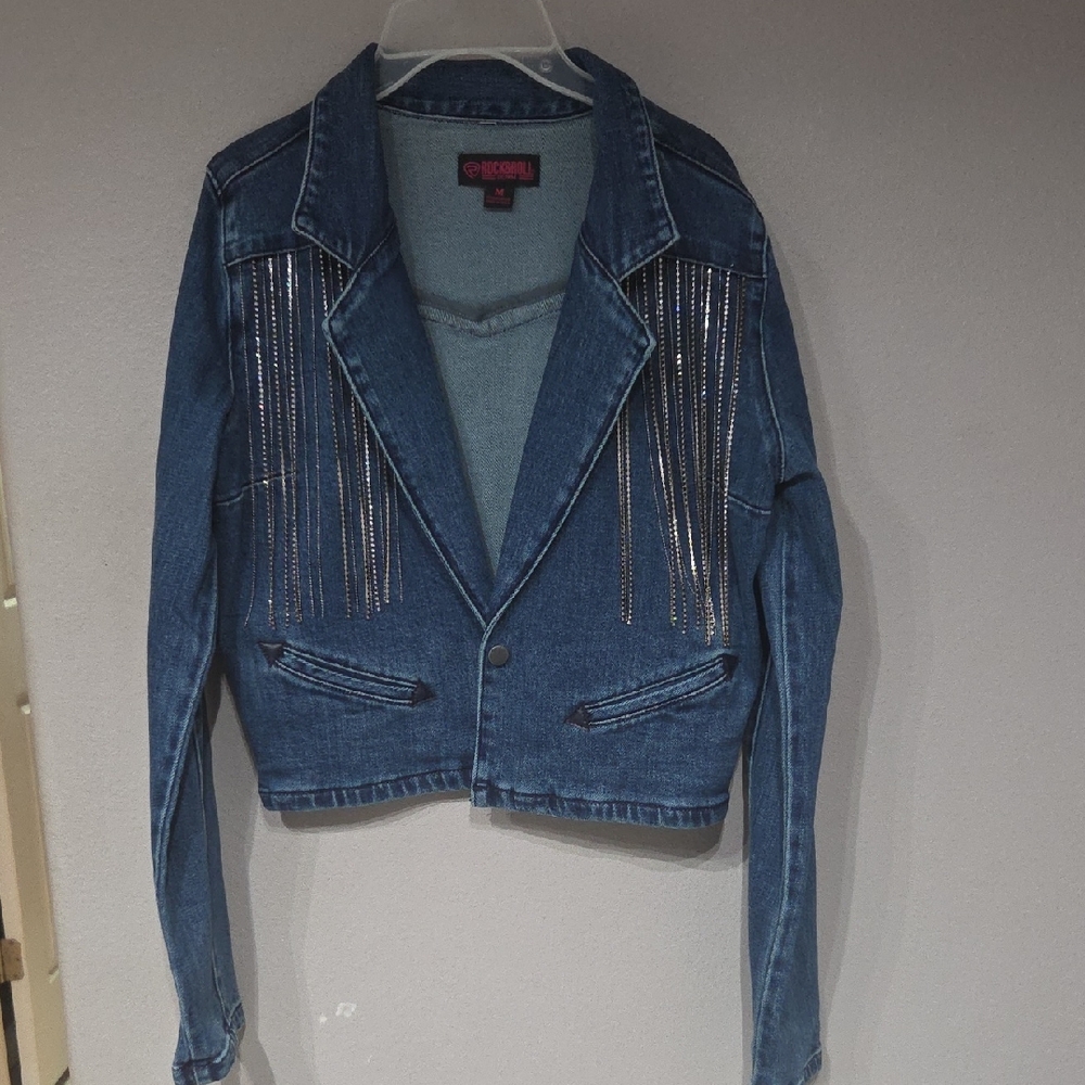 Rock & Roll Cowgirl Blue Jean Jacket with Silver Fringe